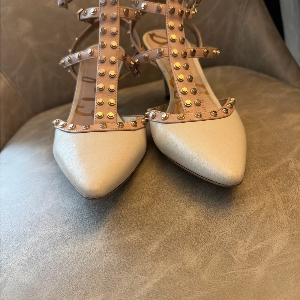 Sam Edelman Blush and Cream Studded T-Strap Kitten Heel - Picture 5 of 8